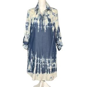 Soft Surroundings Tunic Dress Size Medium Tie Dye Blue Roll Tab Sleeves Boho